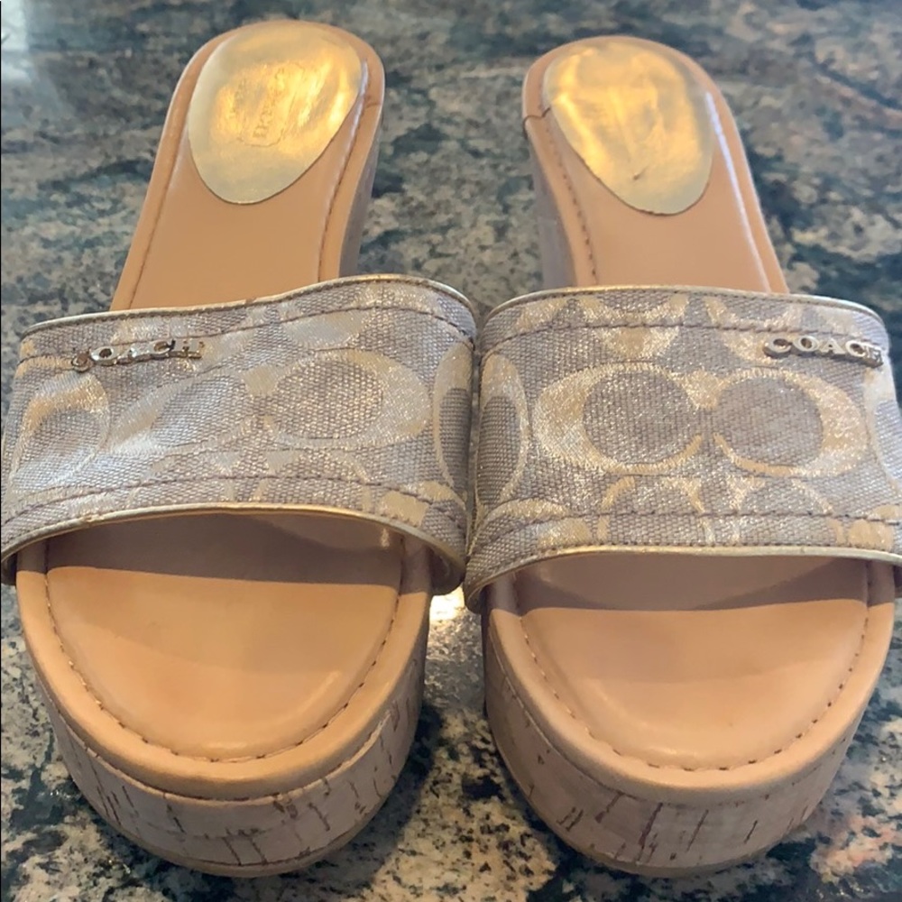 COPY - Coach Gold/ Silver Logo Fabric Cork Wedge …